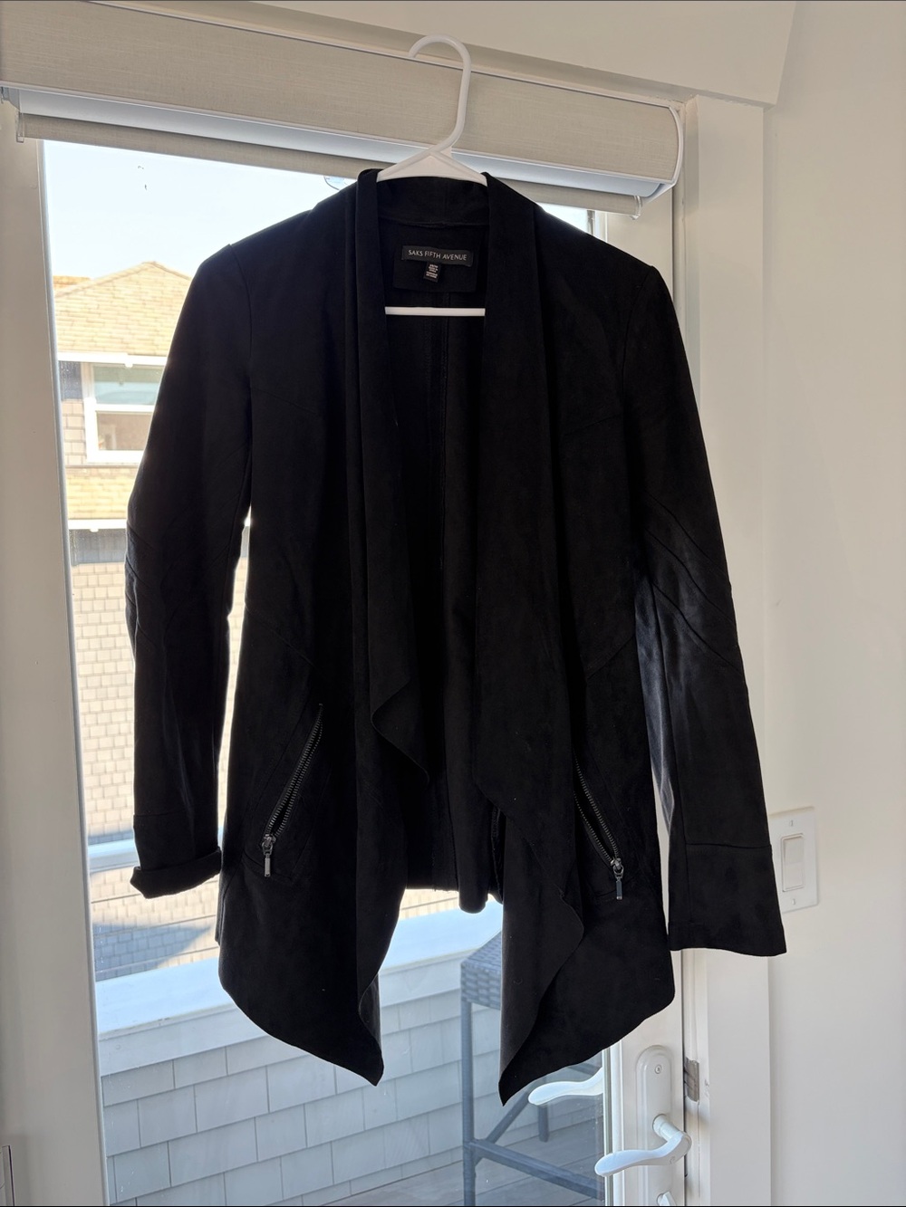 Saks Fifth Avenue Black Draped Suede Open-Front Jacket